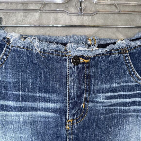Vintage SO Y2K Mini Denim Jean Skirt Distressed Frayed Trim Sz 9 Preppy - Picture 2 of 8